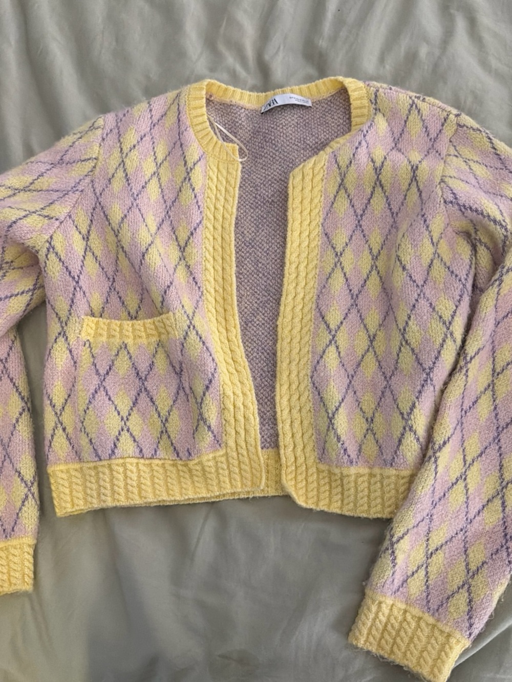 Zara Yellow and Pink Argyle Cropped Cardigan